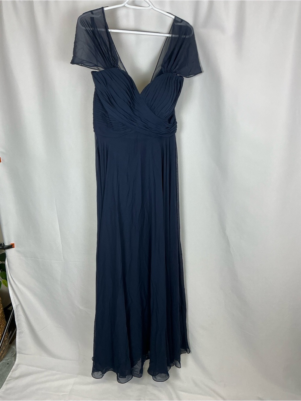 Dessy Collection Navy Chiffon Maxi with Sheer Cap Sleeves
